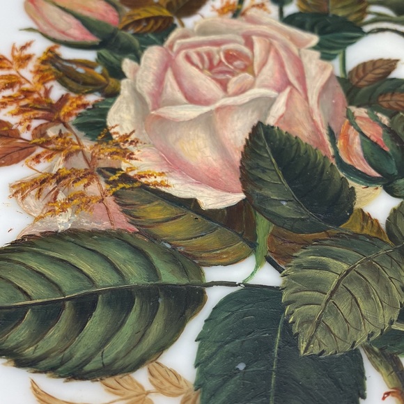 Vintage Pink Roses Hand-Painted Milk Glass Plate - Picture 3 of 4